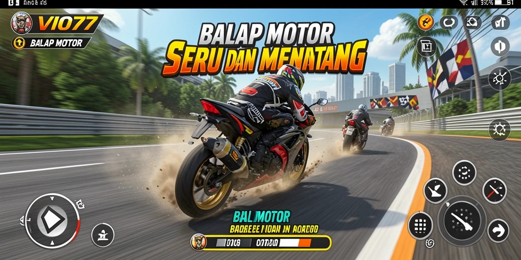 Tampilan antarmuka VIO77 dengan motor balap yang spektakuler dan trek yang menantang.