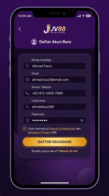 Tampilan halaman daftar jv88